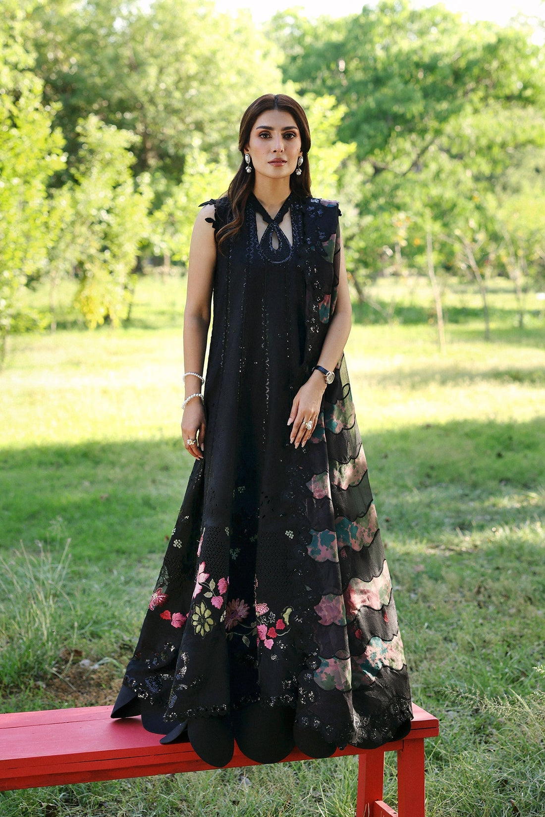 Model wearing Afrozeh Auravie black shirt & trouser set