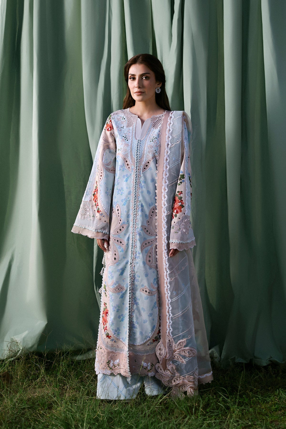 Model wearing Afrozeh Eirene blush shirt & trouser set
