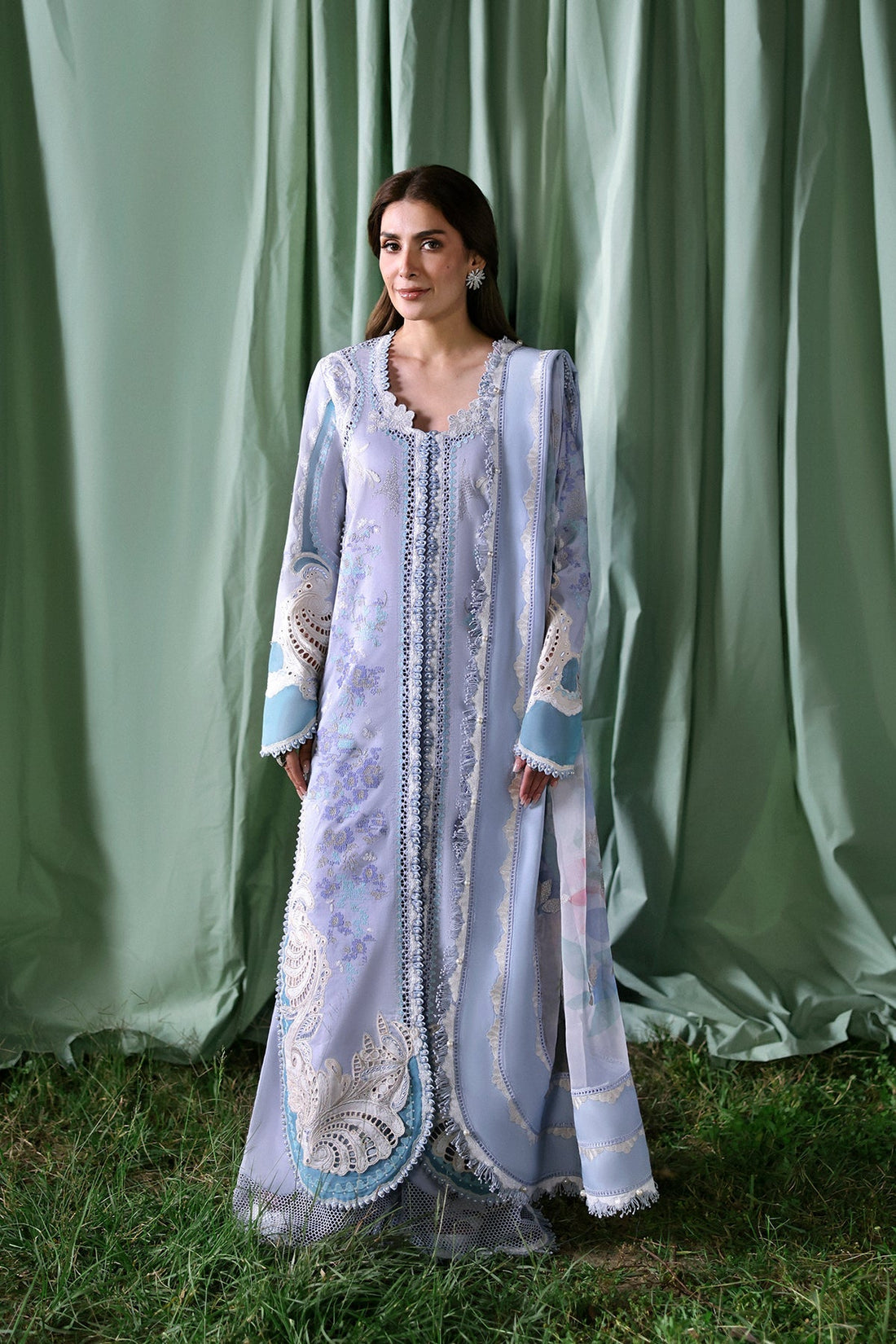 Model wearing Afrozeh Chloris powder blue shirt & trouser set