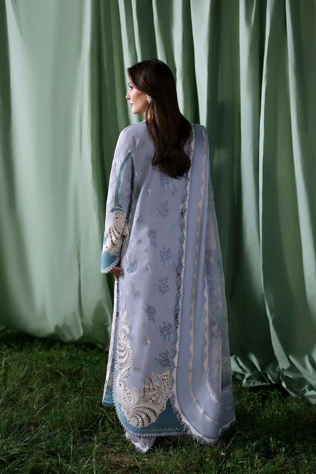 Model wearing Afrozeh Chloris powder blue shirt & trouser set
