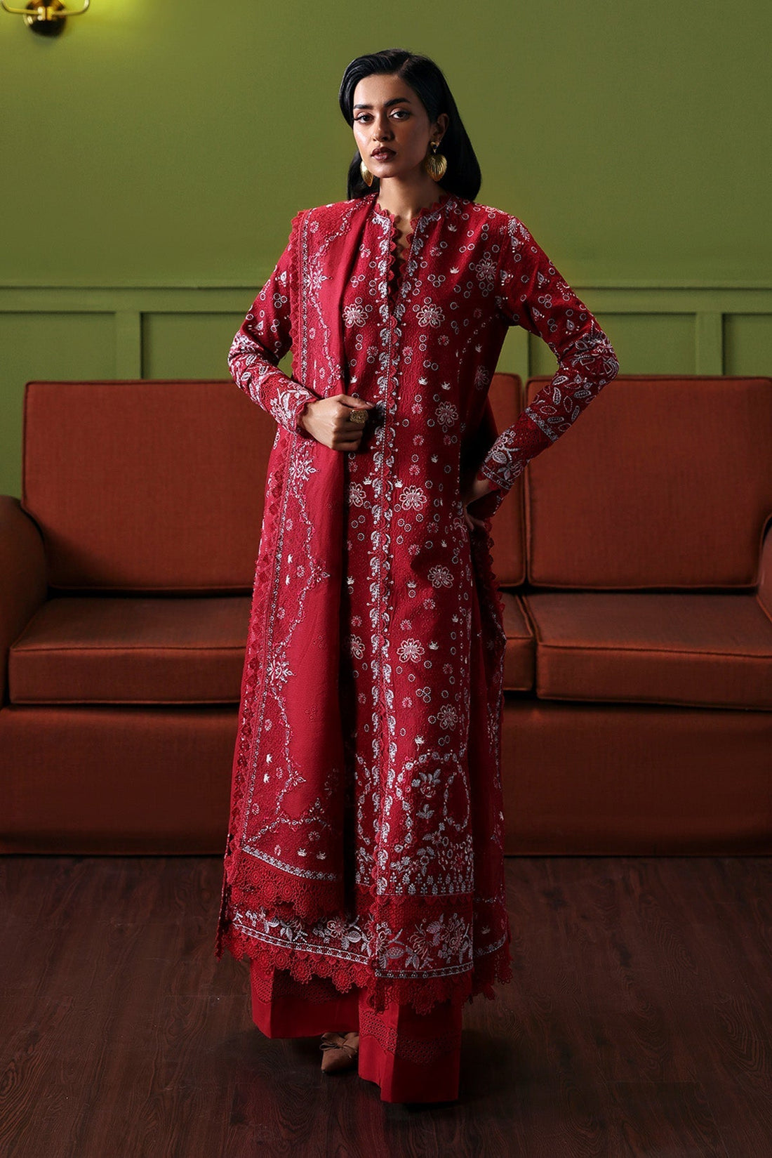 Model wearing Afrozeh Melodia embroidered lawn suit