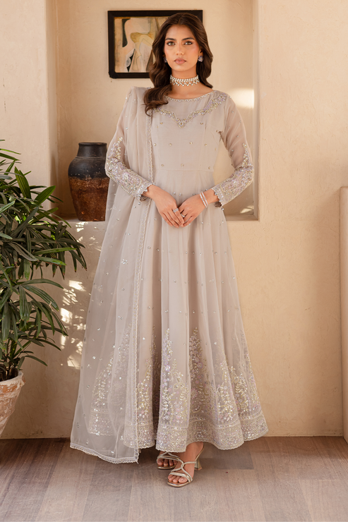 Emaan Adeel Soraya Ivory organza flared dress set — front view