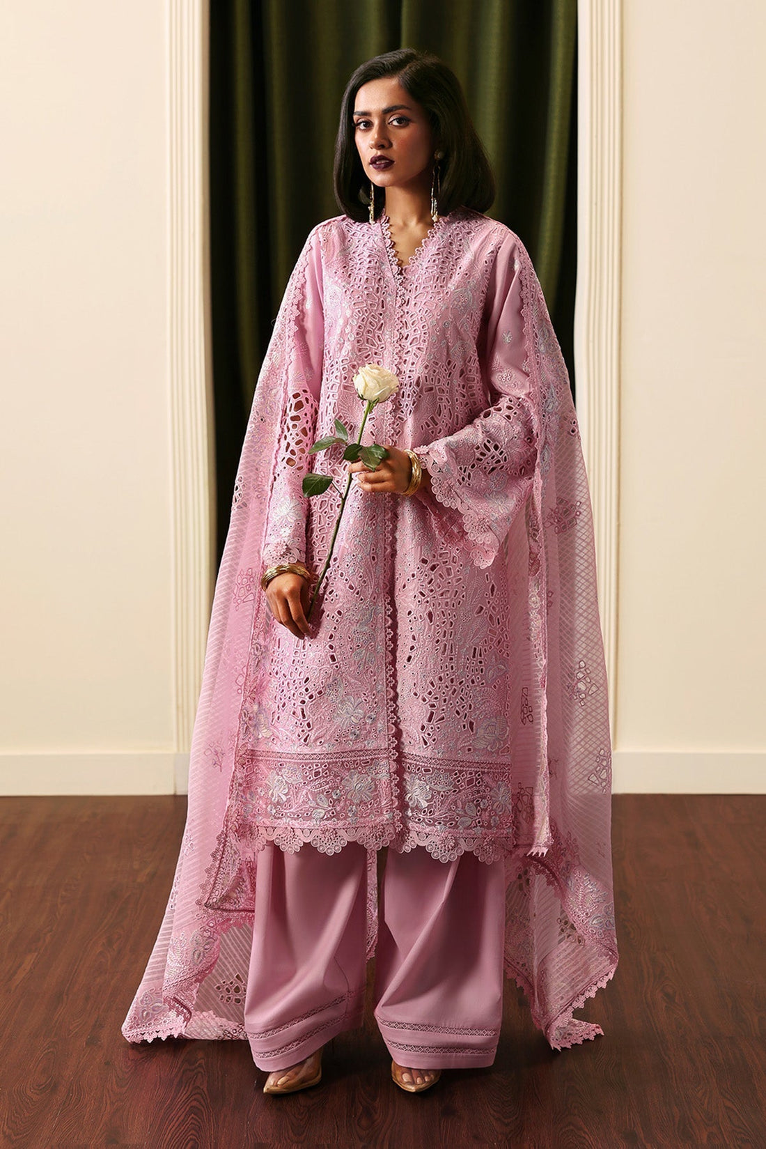 Model wearing Afrozeh Chantelle pink embroidered lawn suit