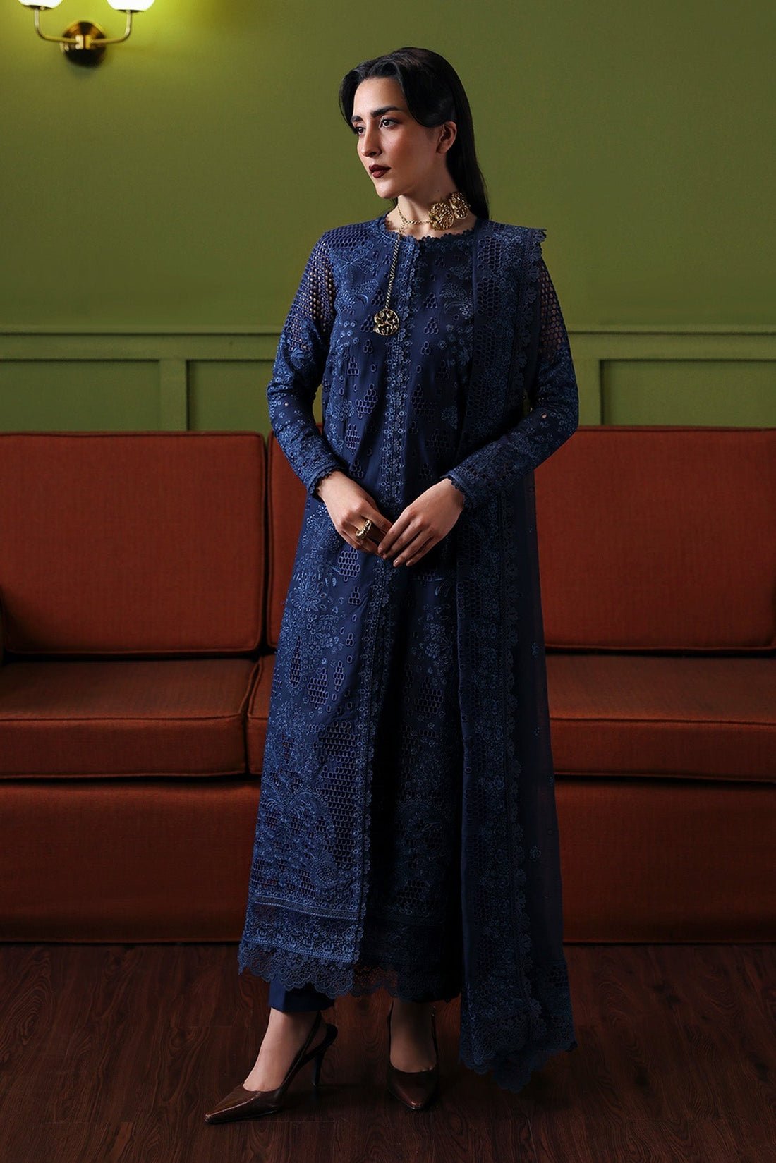 Model wearing Afrozeh Cadence blue embroidered lawn suit