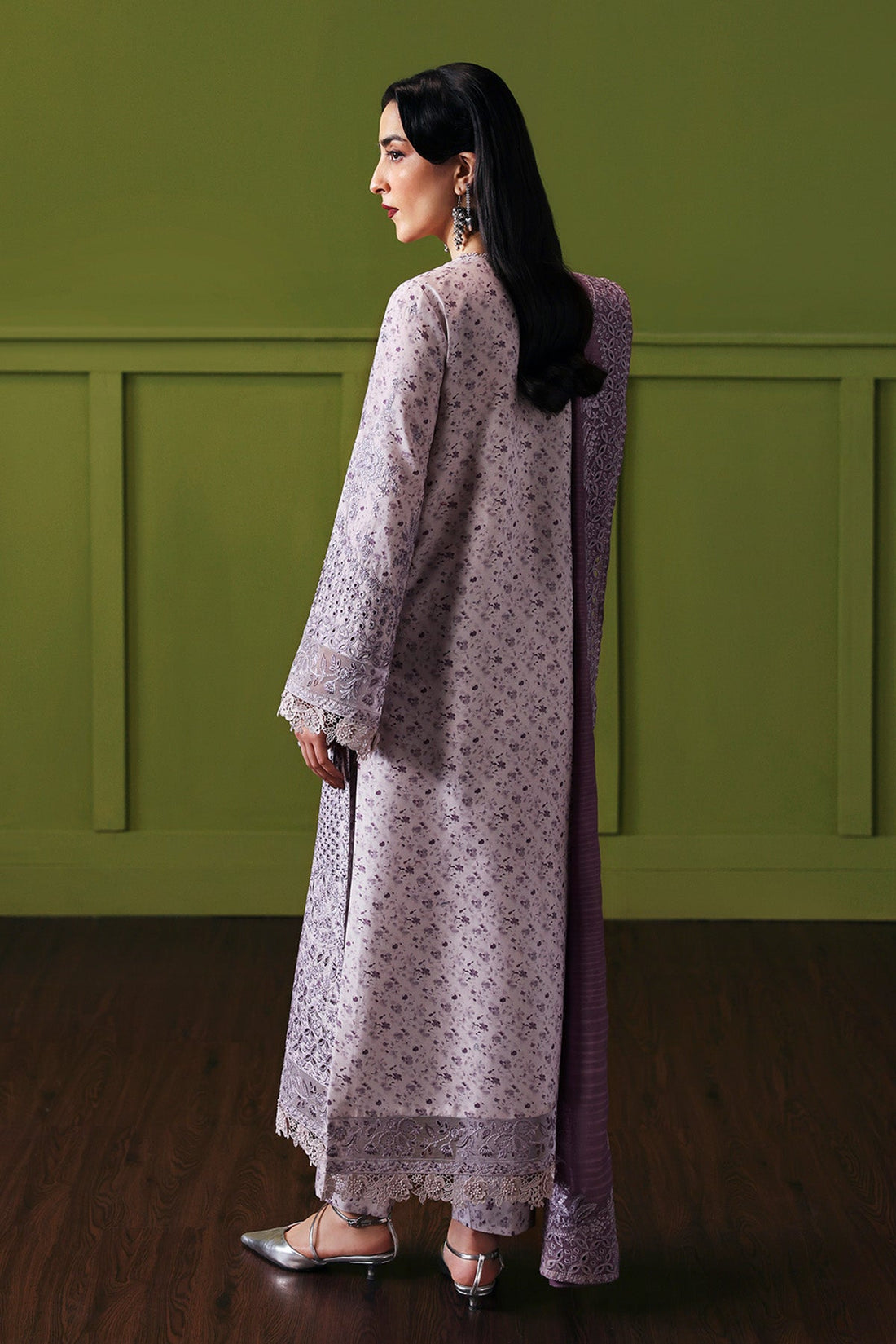 Model wearing Afrozeh Empress embroidered lawn suit