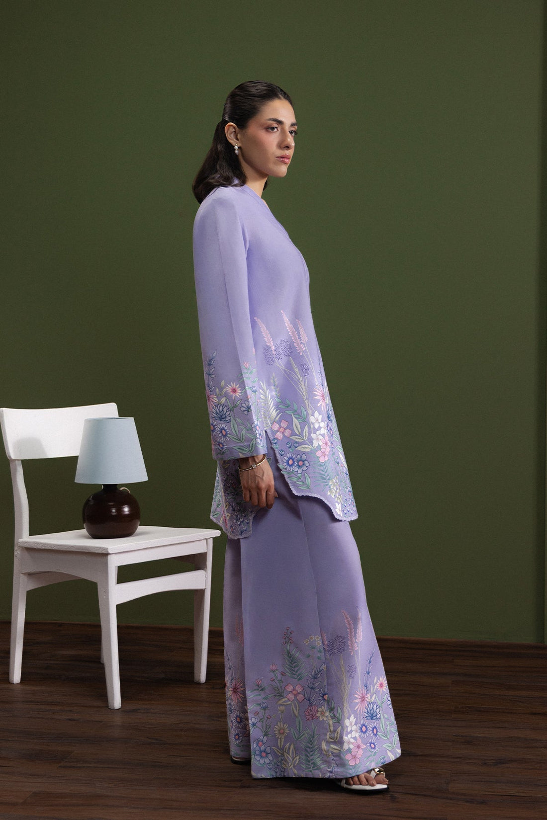 Model wearing Afrozeh Lilac Candy shirt & trouser set