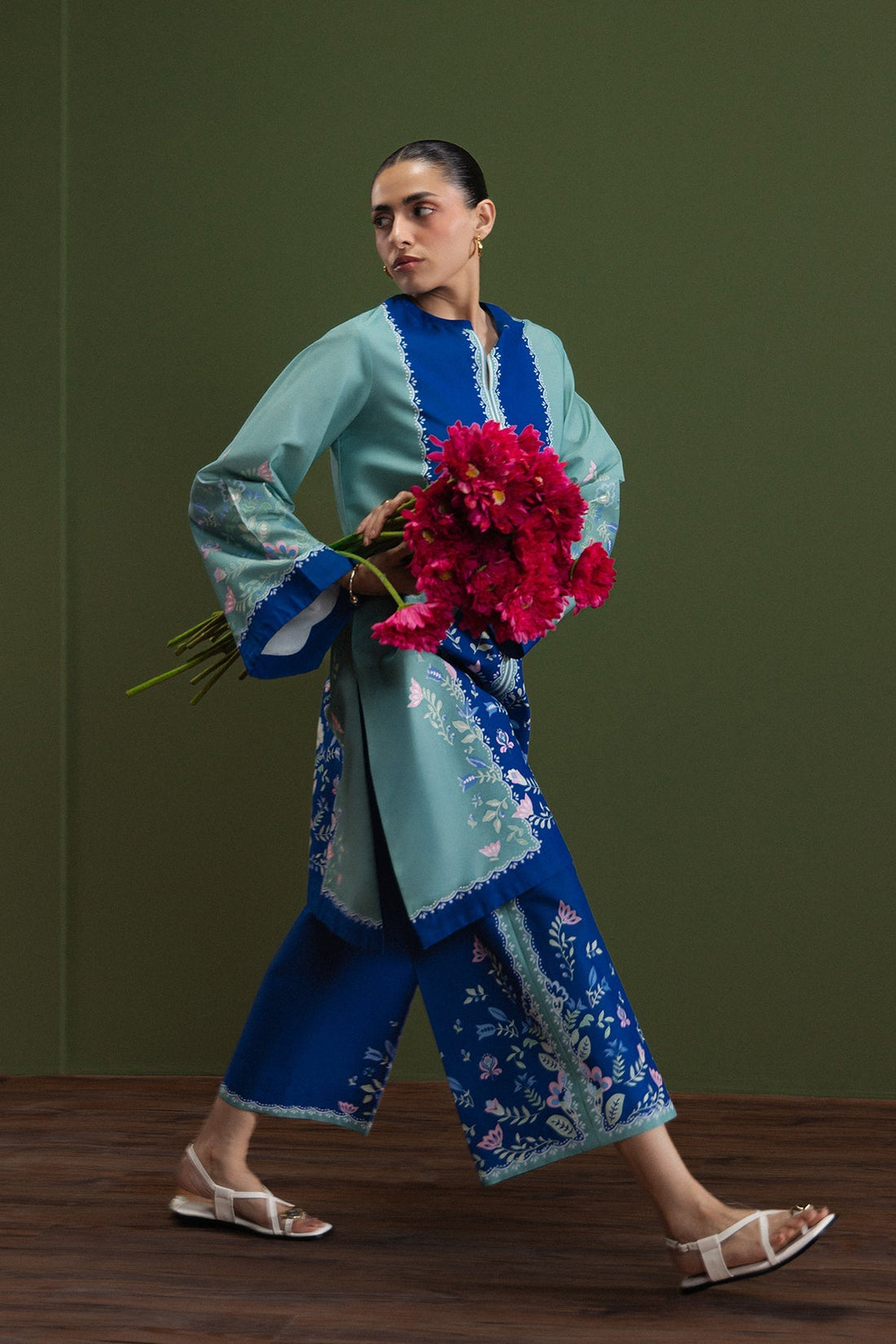 Model wearing Afrozeh Soft Coast shirt & trouser set