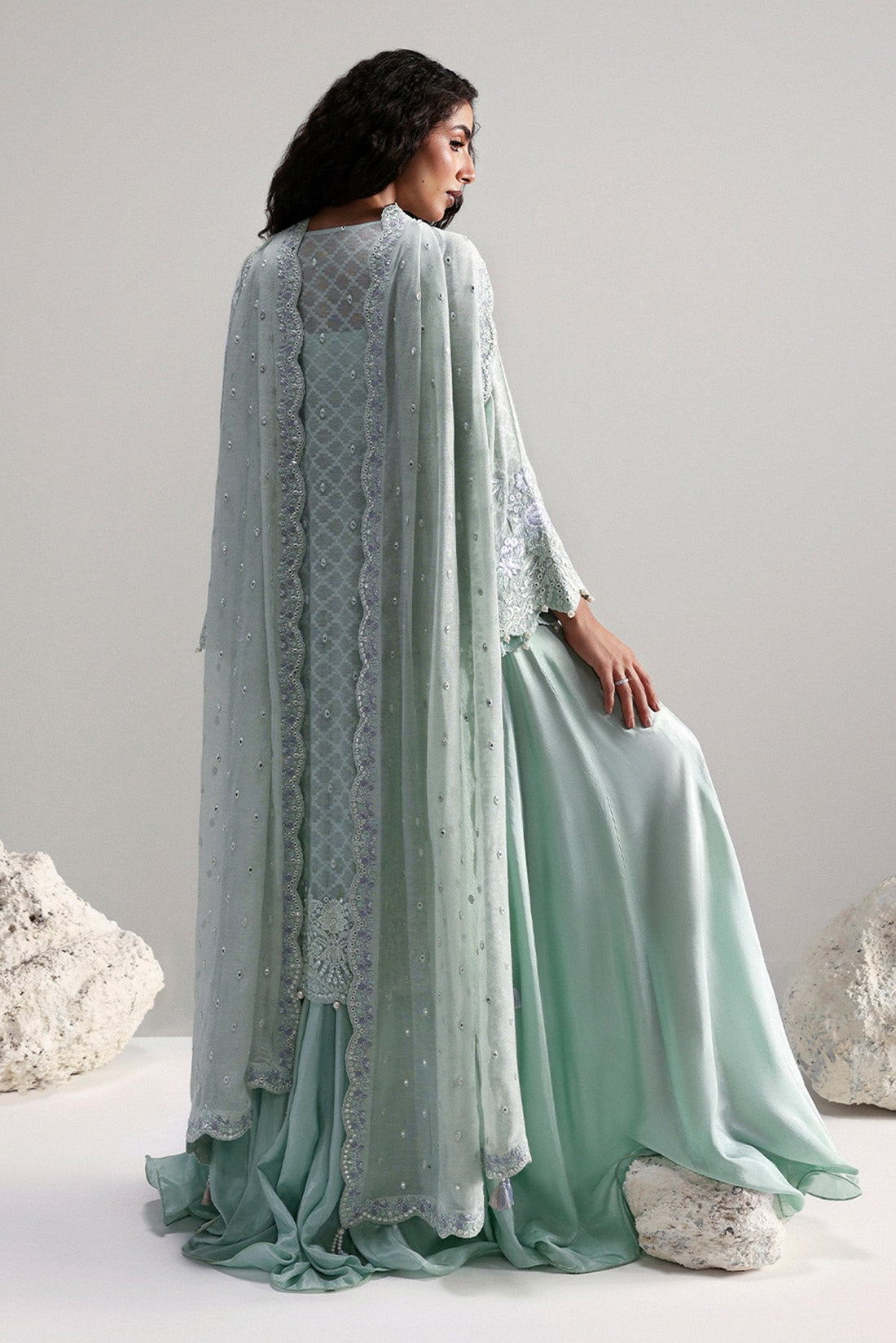 Model wearing Afrozeh Elysia lavender long shirt & gharara