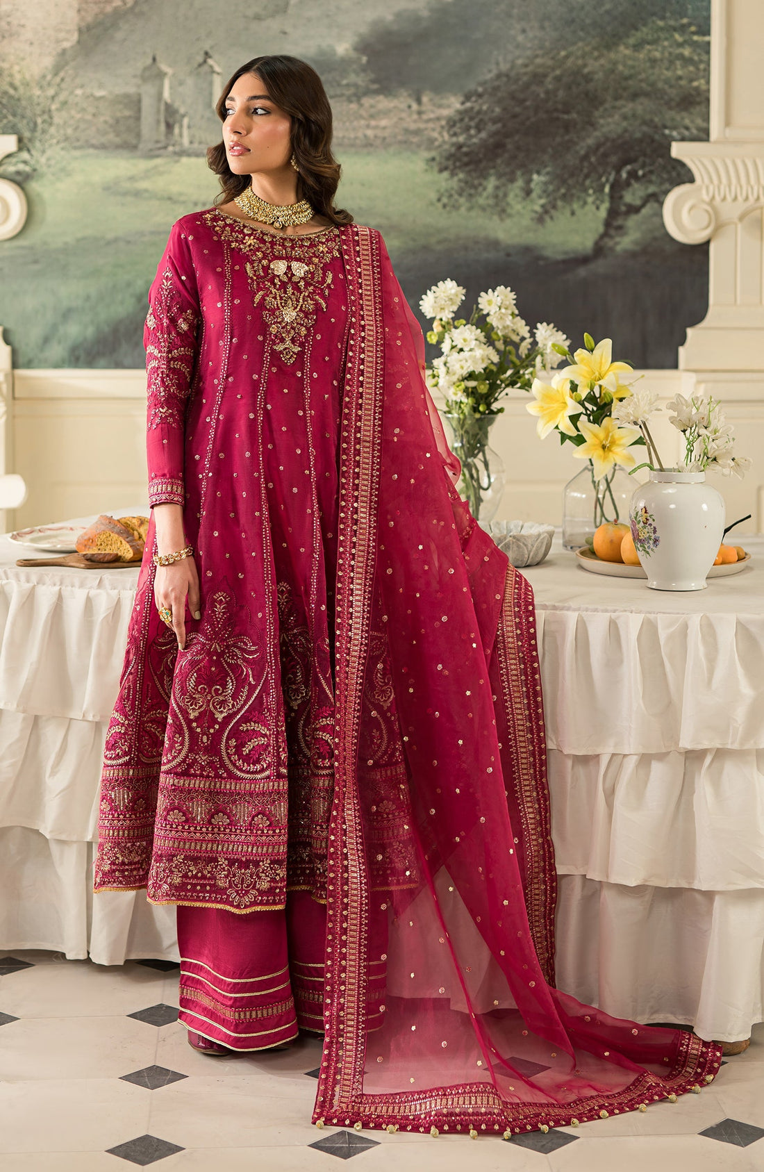 Emaan Adeel Salvia embroidered organza outfit — front view