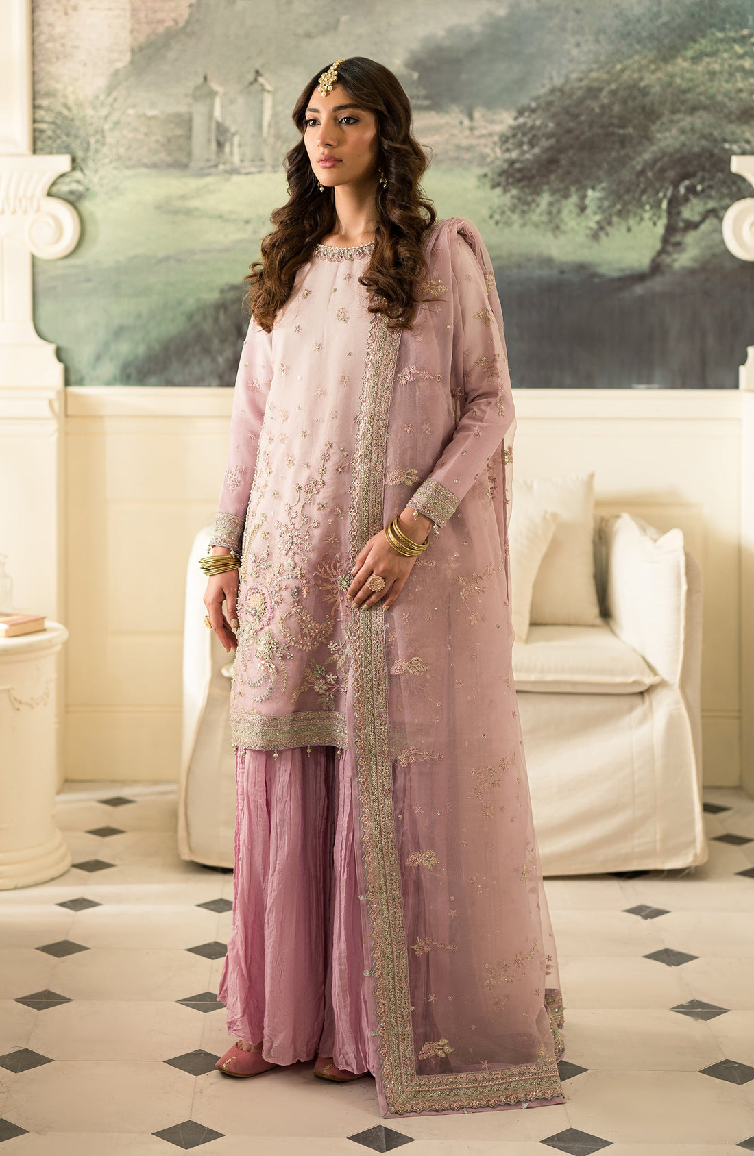 Emaan Adeel Bella embroidered organza outfit — front view