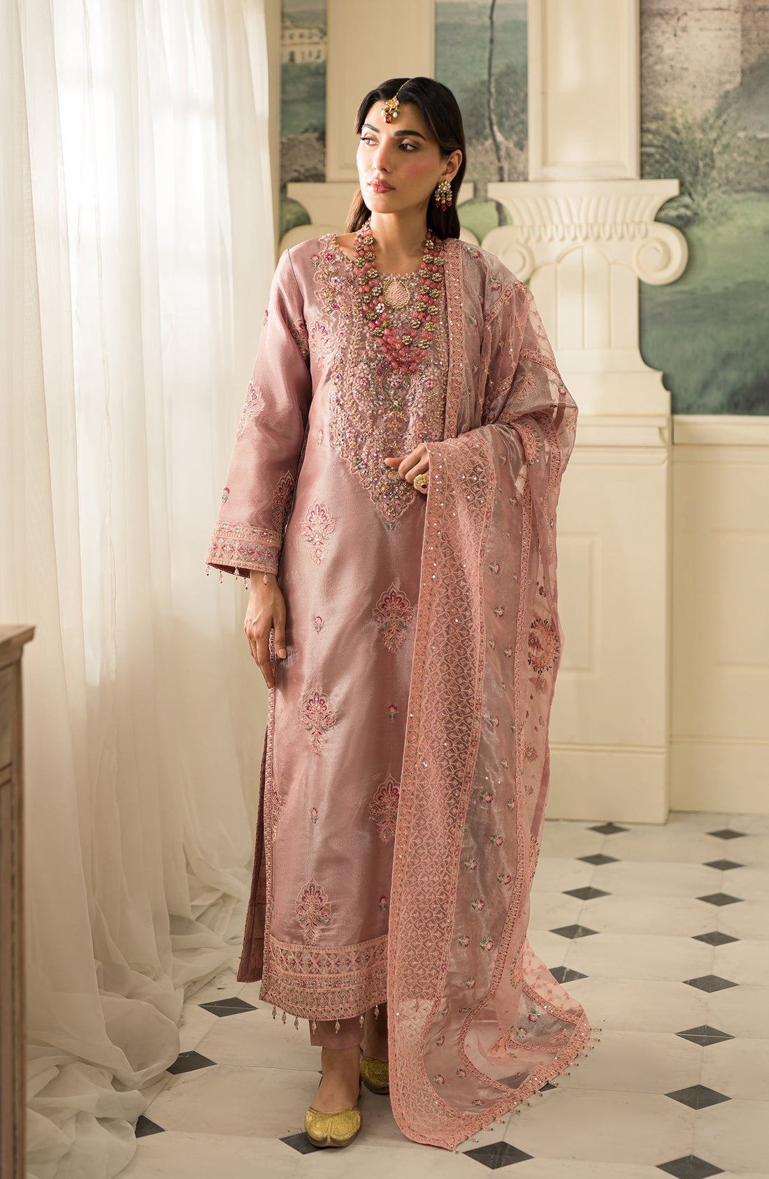 Emaan Adeel Zale embroidered mesoury outfit — front view
