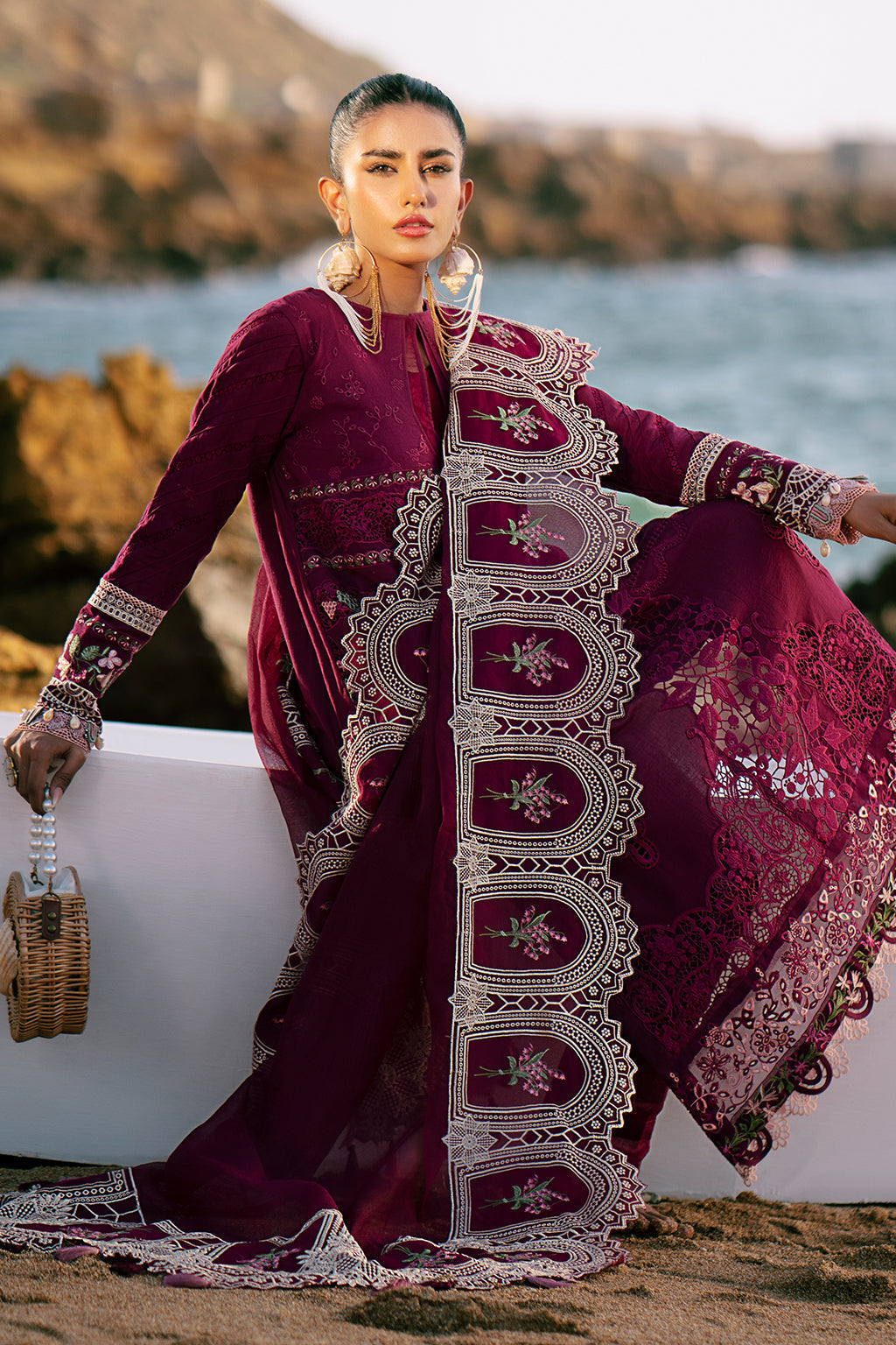 AJR Couture | Dastan Luxury Lawn 25 | Cherry Wine - House Of Hania