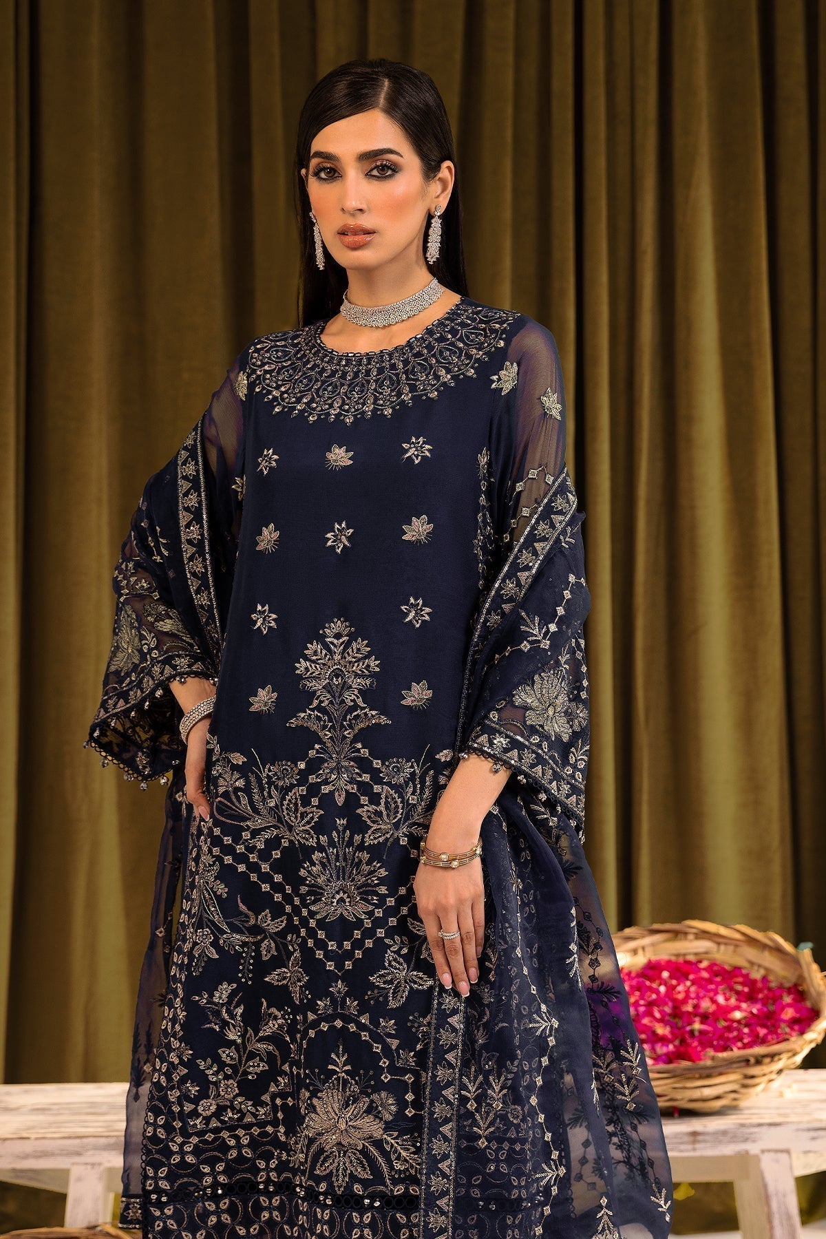 ALIZEH-Daim - V16D08 Embroidered Chiffon Blue - House Of Hania