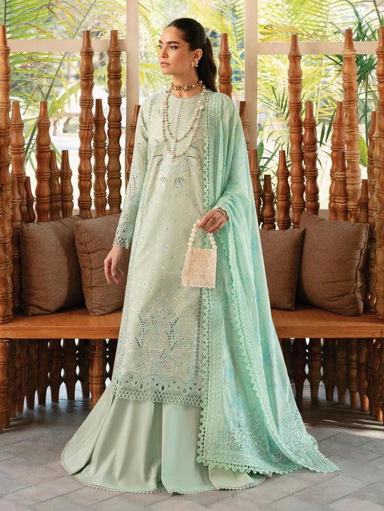 Afrozeh Cascade Embroidered Luxury Lawn 3Pc Suit - Willow - House Of Hania
