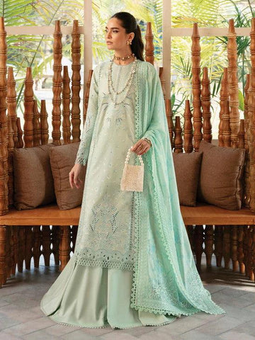 Afrozeh Cascade Embroidered Luxury Lawn 3Pc Suit - Willow - House Of Hania