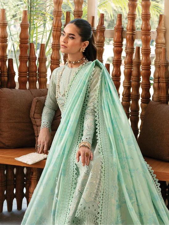Afrozeh Cascade Embroidered Luxury Lawn 3Pc Suit - Willow - House Of Hania