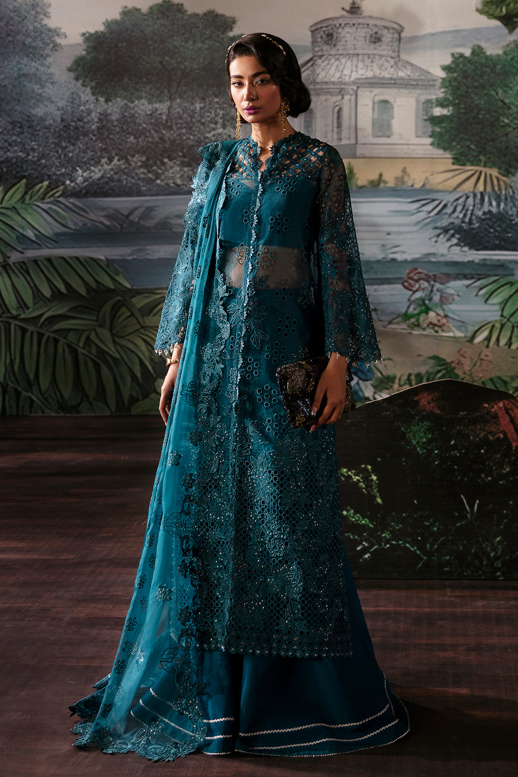 Afrozeh La Fuchsia Embroidered Organza 3Pc Suit - Alba - House Of Hania