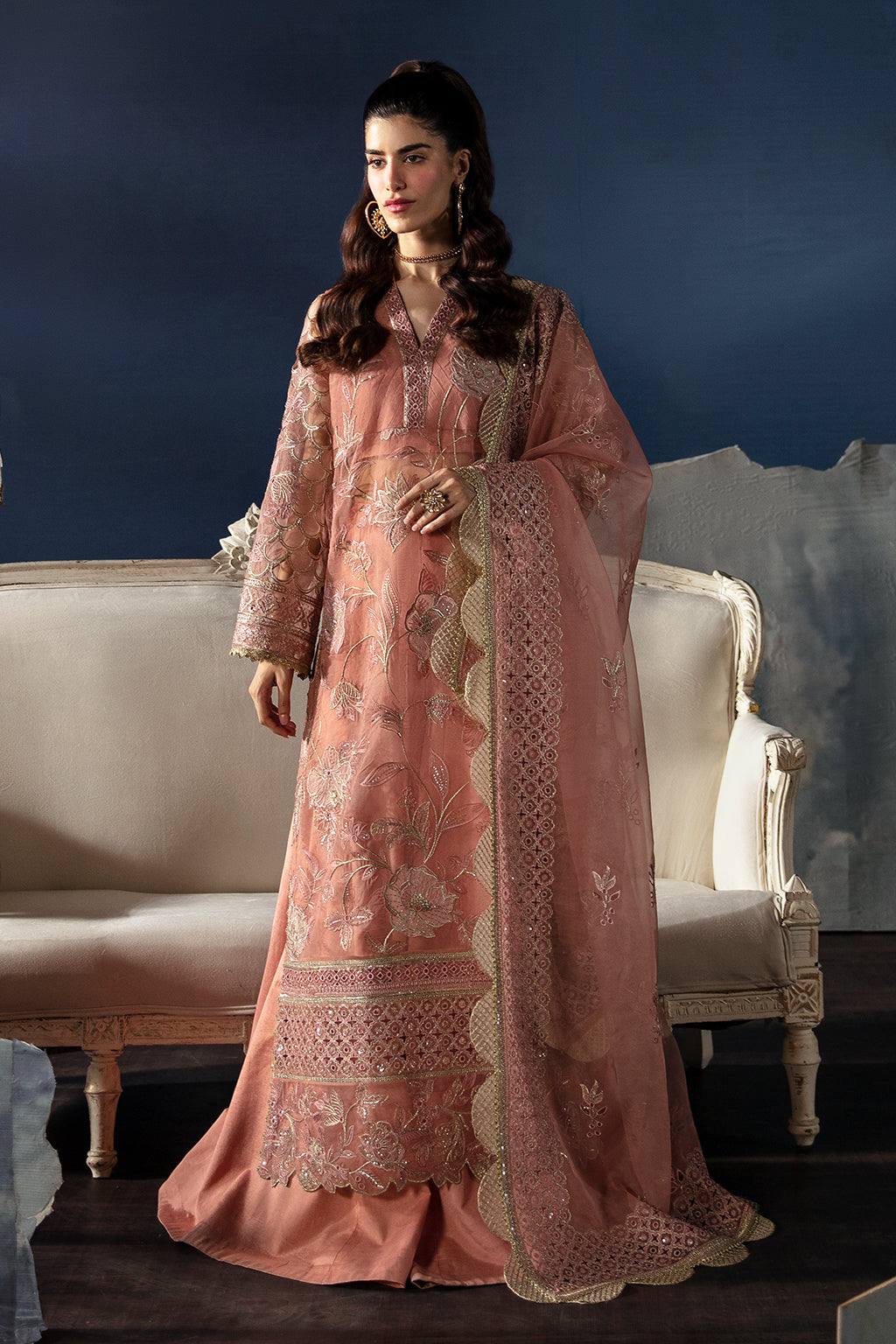 Afrozeh La Fuchsia Embroidered Organza 3Pc Suit - Elea - House Of Hania