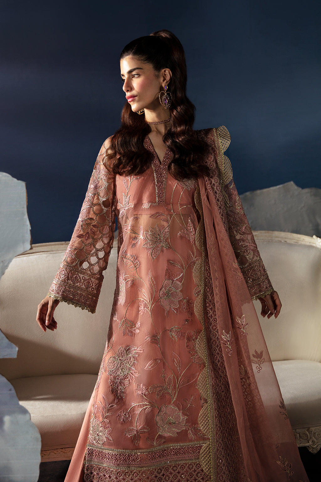 Afrozeh La Fuchsia Embroidered Organza 3Pc Suit - Elea - House Of Hania