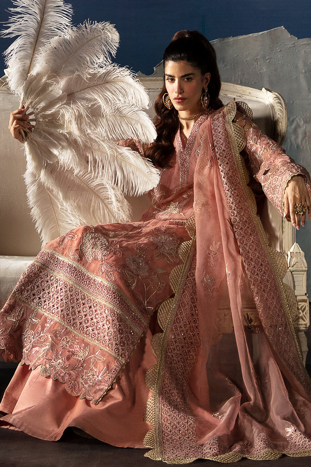 Afrozeh La Fuchsia Embroidered Organza 3Pc Suit - Elea - House Of Hania