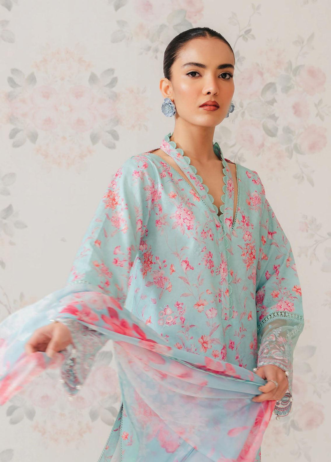Afrozeh The Floral Charm Embroidered Lawn 3Pc Suit AL-24-V1-07 - House Of Hania