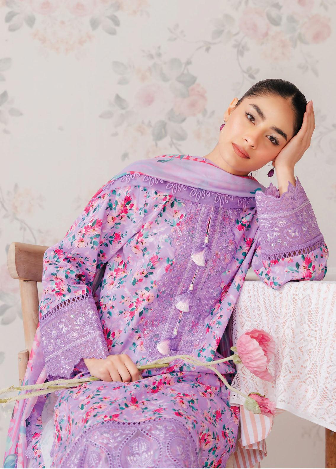Afrozeh The Floral Charm Embroidered Lawn 3Pc Suit AL-24-V1-09 - House Of Hania