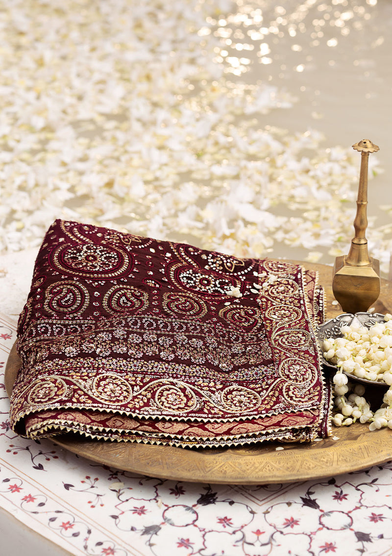 Aik Atelier | MAROON TUSSAR SILK CHUNRI SHAWL - House Of Hania