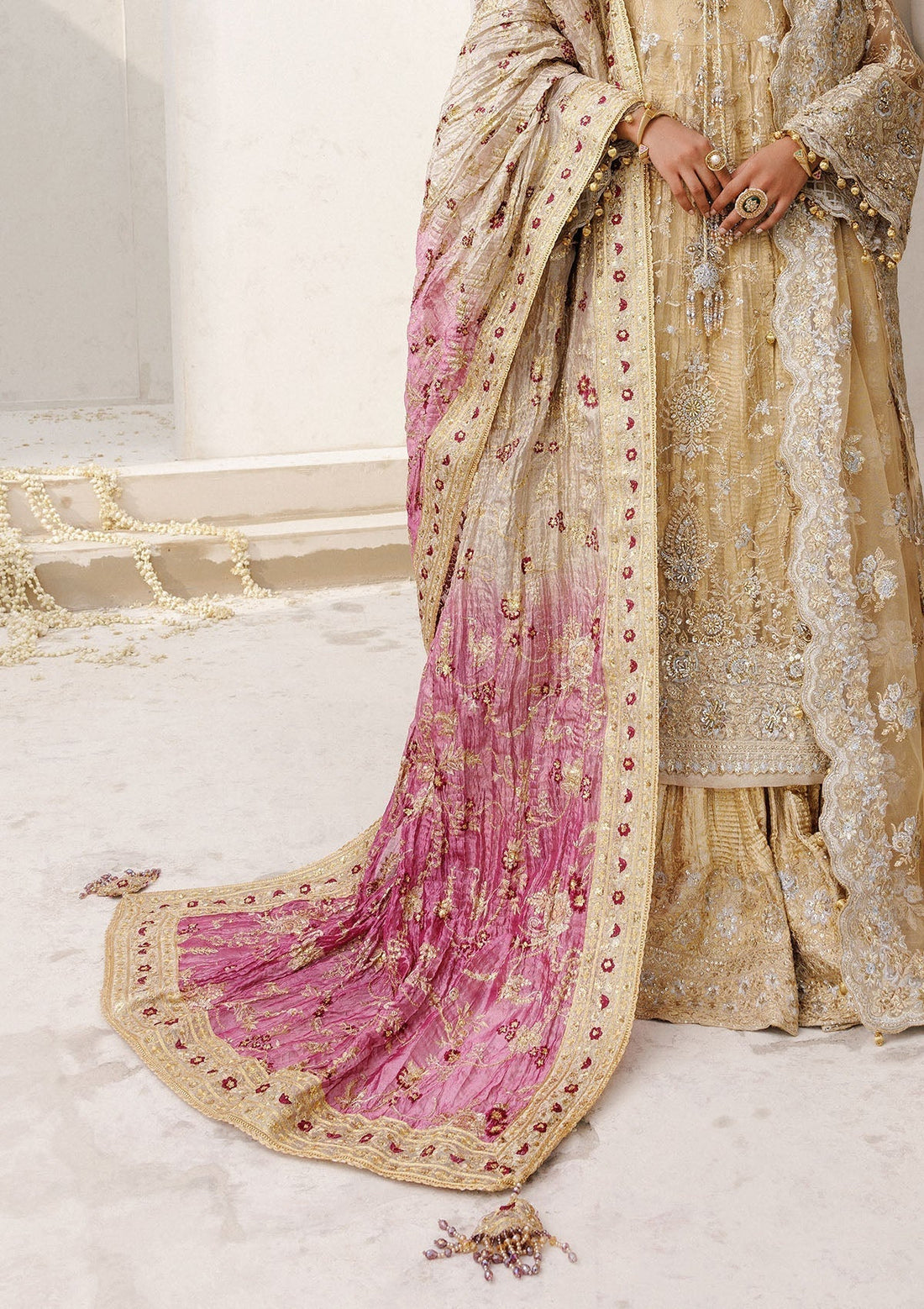 Aik Atelier | WEDDING FESTIVE ’25 VOL. 2 | LIGHT GOLD TISSUE SHAWL - House Of Hania