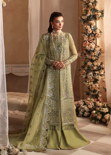 Model wearing Akbar Aslam Seren drab shirt & trousers with dupatta