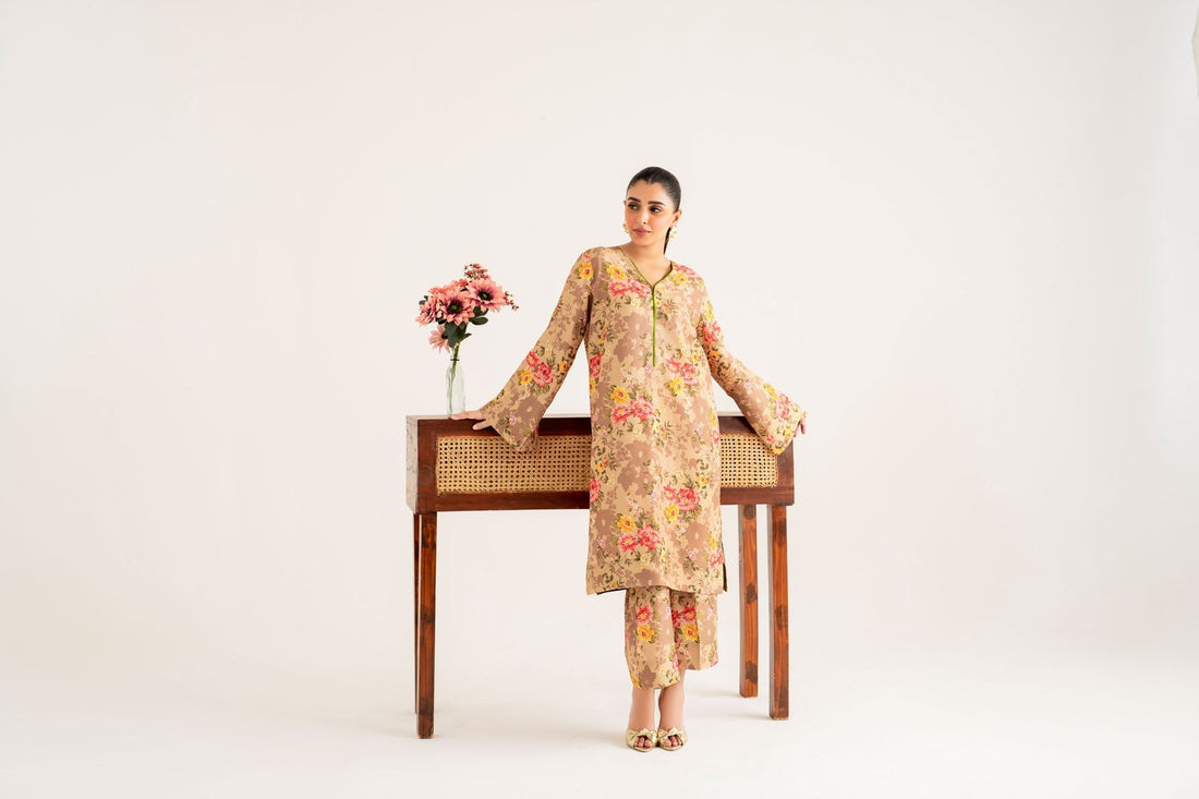 Model wearing Akbar Aslam Belva long shirt & trousers co-ord