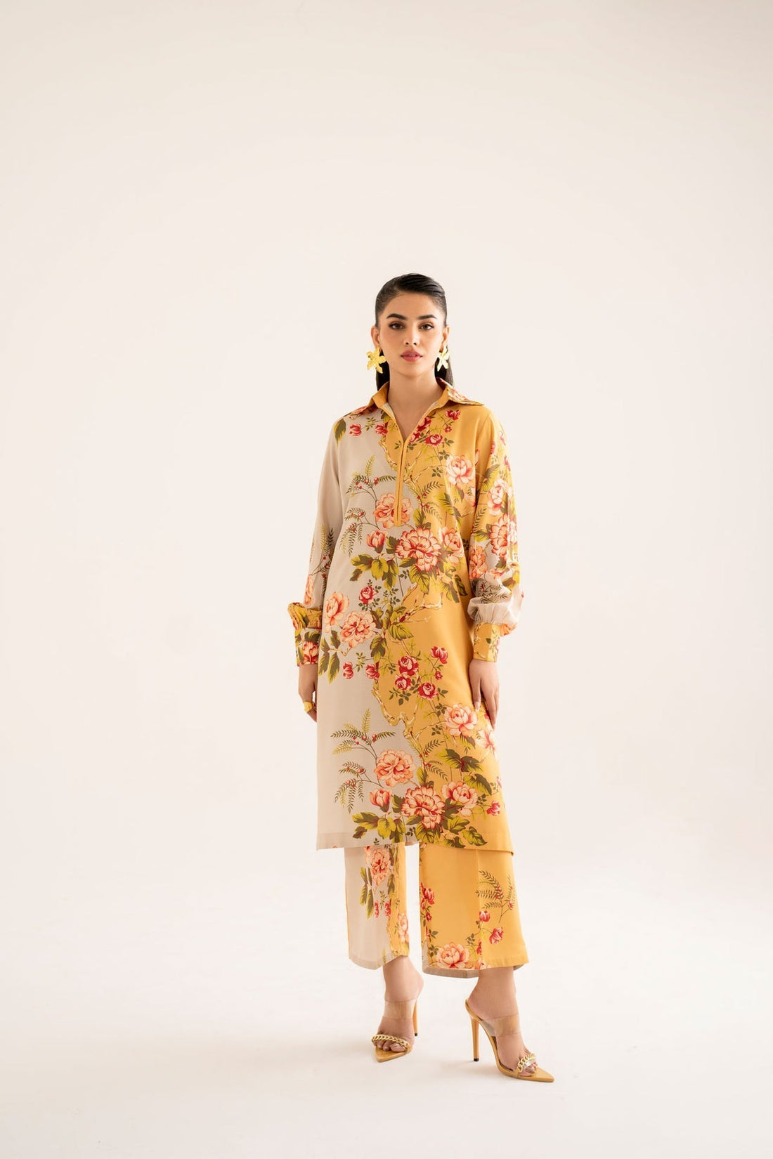 Model wearing Akbar Aslam Elea long shirt & trousers co-ord