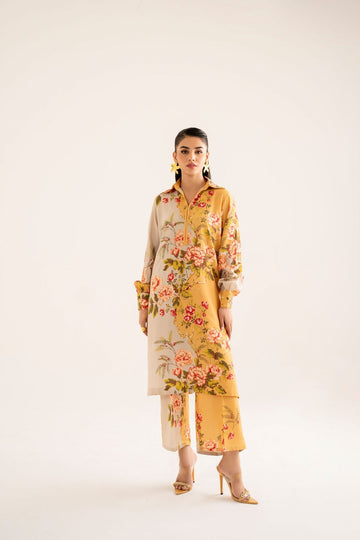 Model wearing Akbar Aslam Elea long shirt & trousers co-ord