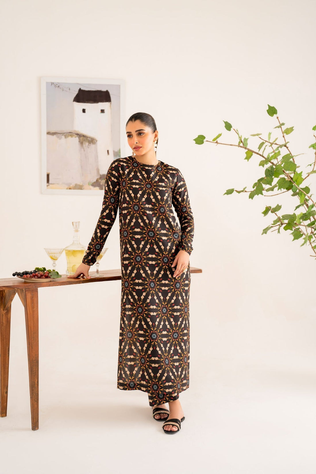 Model wearing Akbar Aslam Jace long shirt & trousers co-ord