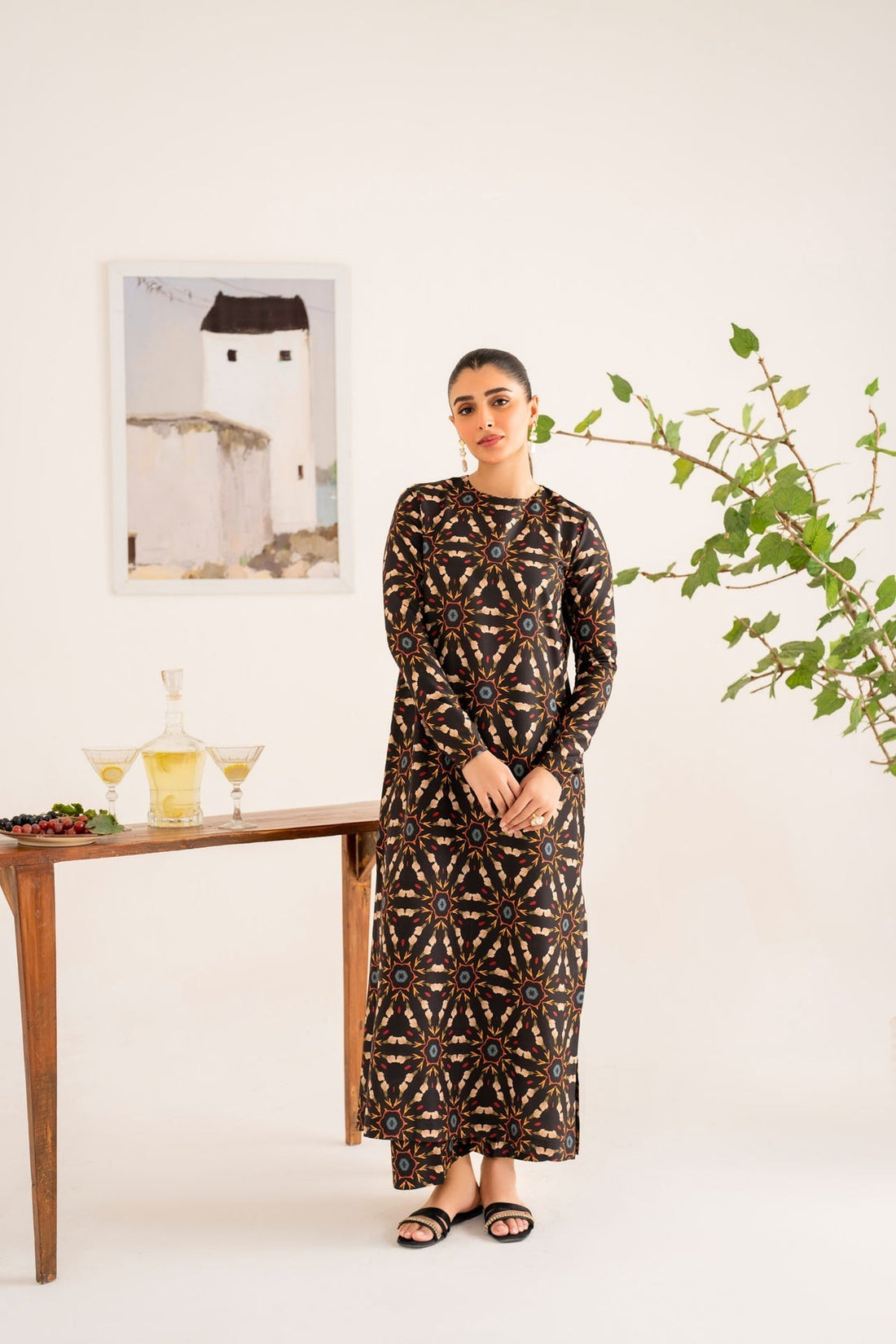 Model wearing Akbar Aslam Jace long shirt & trousers co-ord