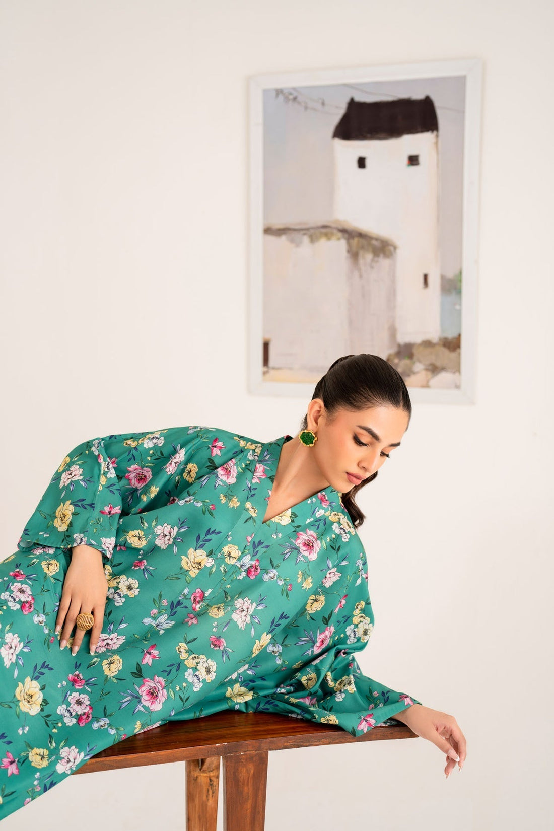 Model wearing Akbar Aslam Koa long shirt & trousers co-ord