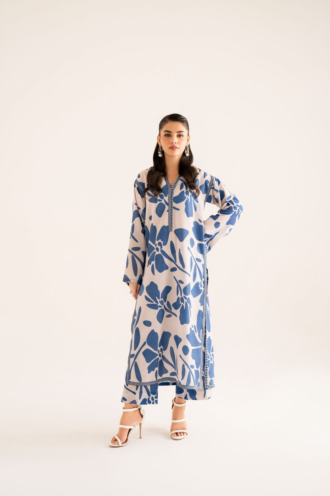 Model wearing Akbar Aslam Leila long shirt & trousers co-ord
