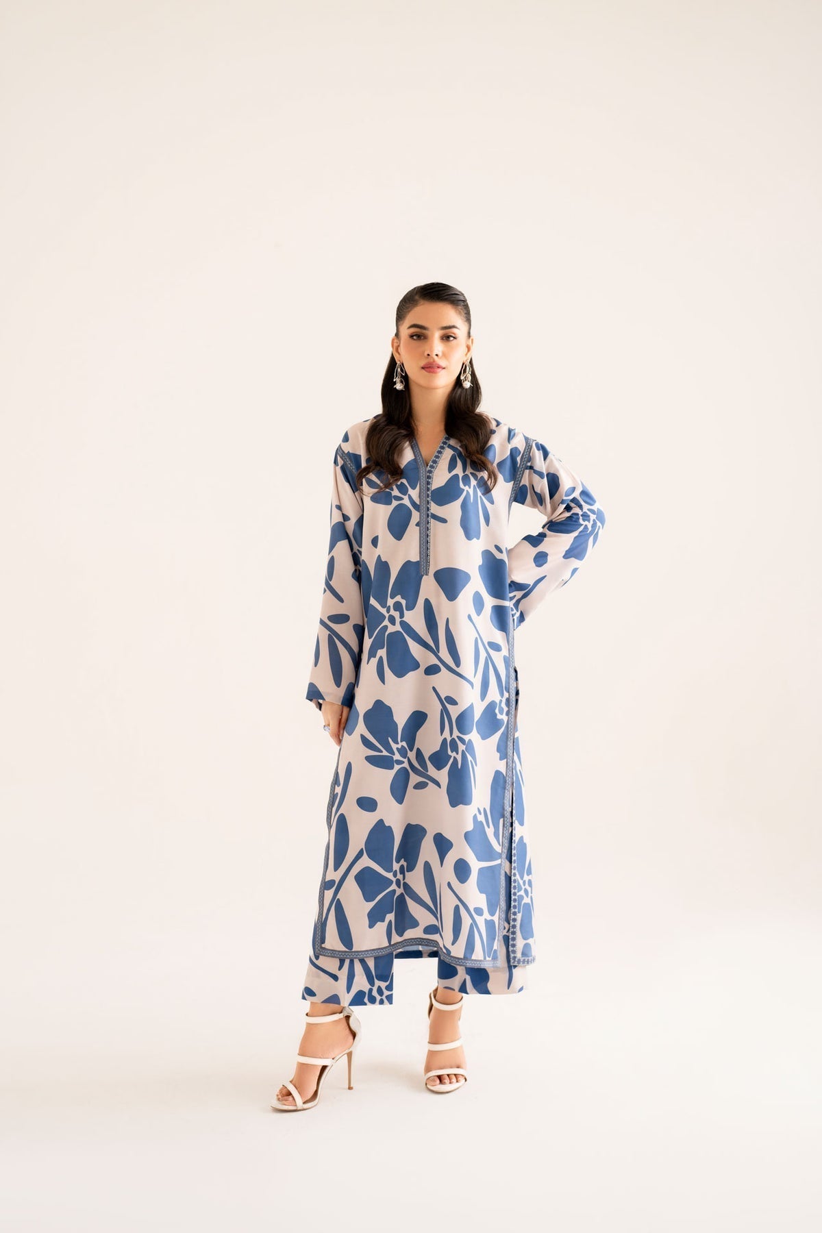 Model wearing Akbar Aslam Leila long shirt & trousers co-ord