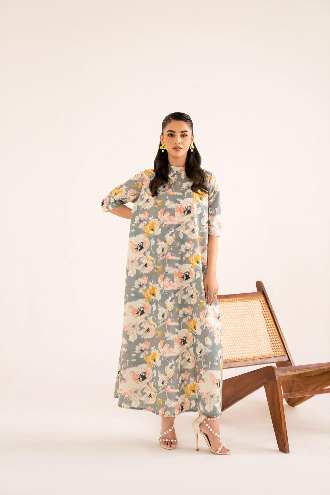 Model wearing Akbar Aslam Loran long shirt & trousers co-ord