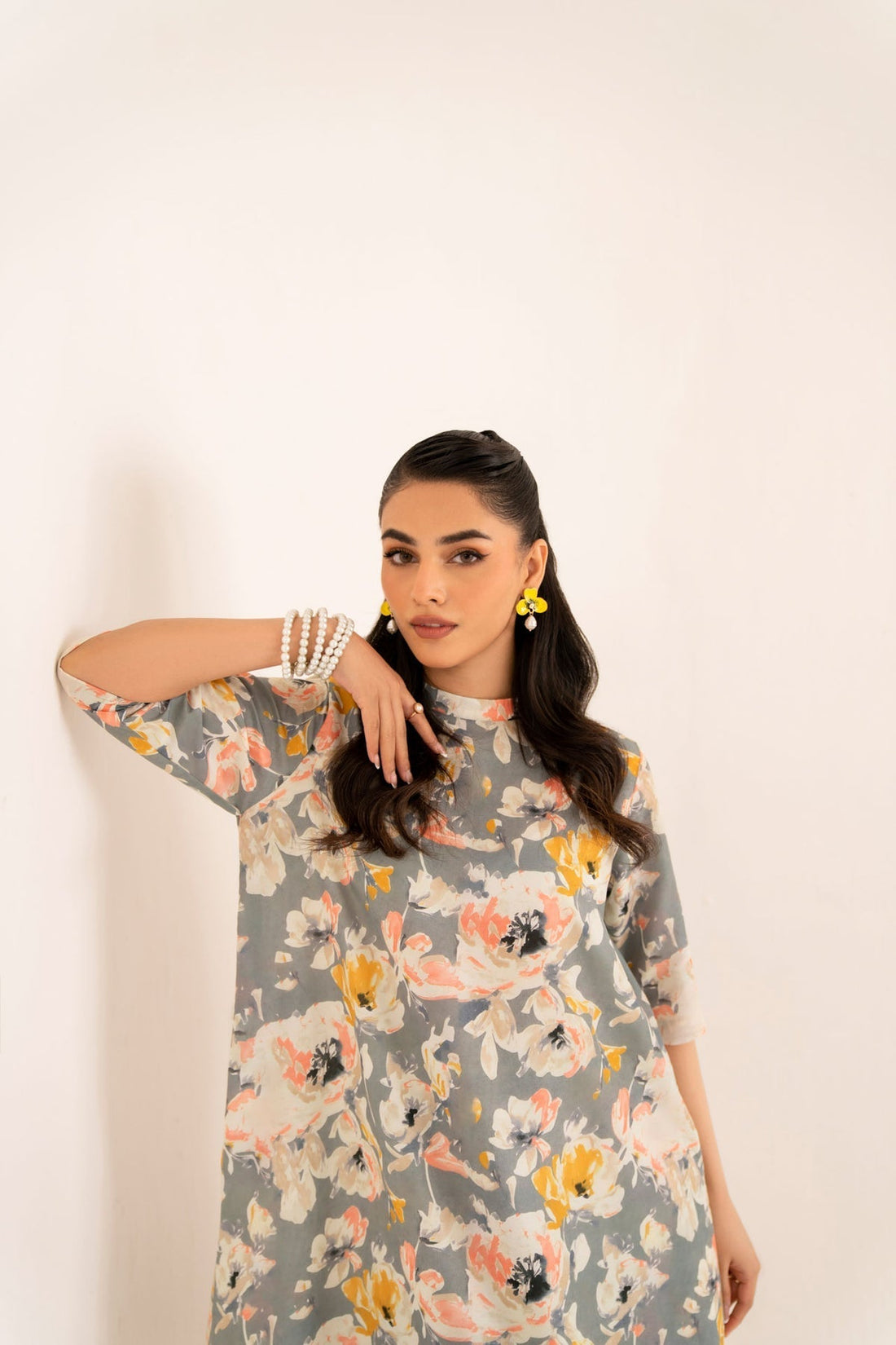 Model wearing Akbar Aslam Loran long shirt & trousers co-ord