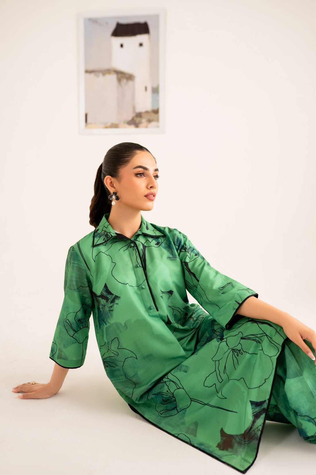 Model wearing Akbar Aslam Luna long shirt & trousers co-ord