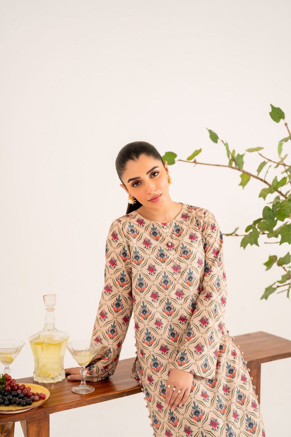 Model wearing Akbar Aslam Mary long shirt & trousers co-ord