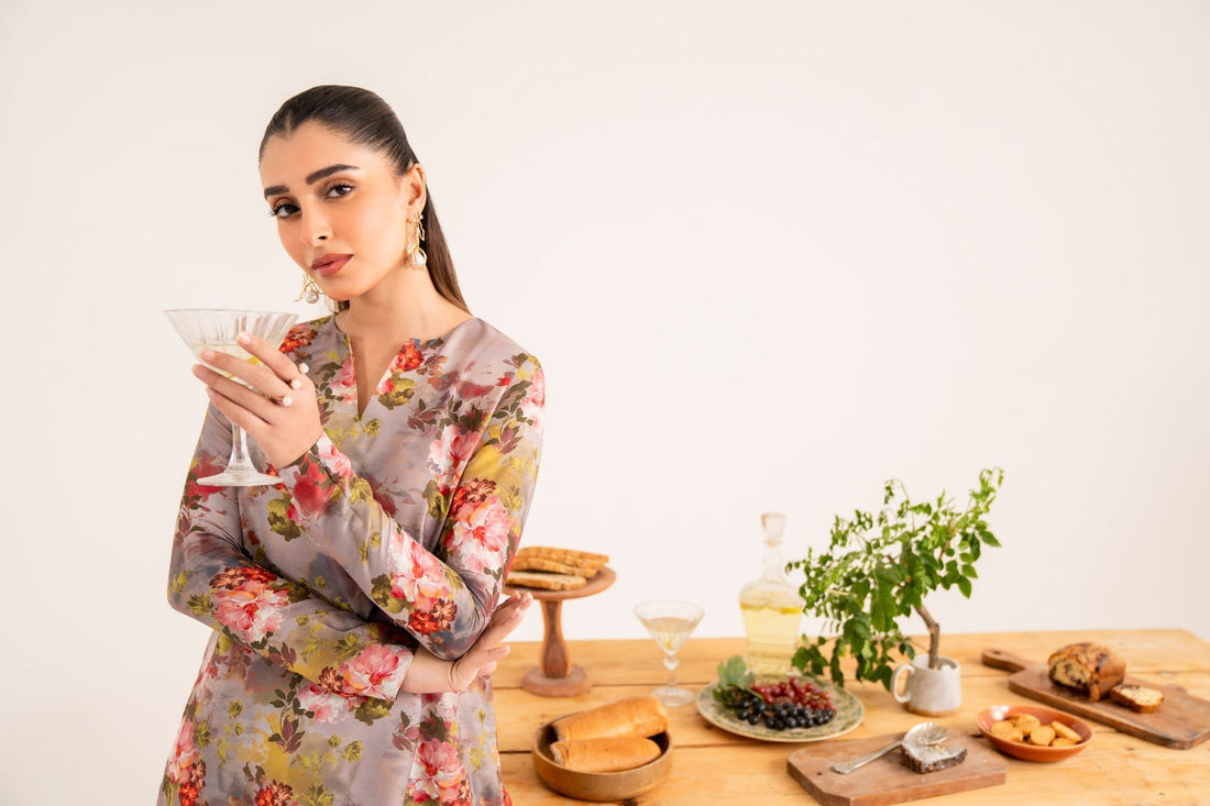 Model wearing Akbar Aslam Taria long shirt & trousers co-ord