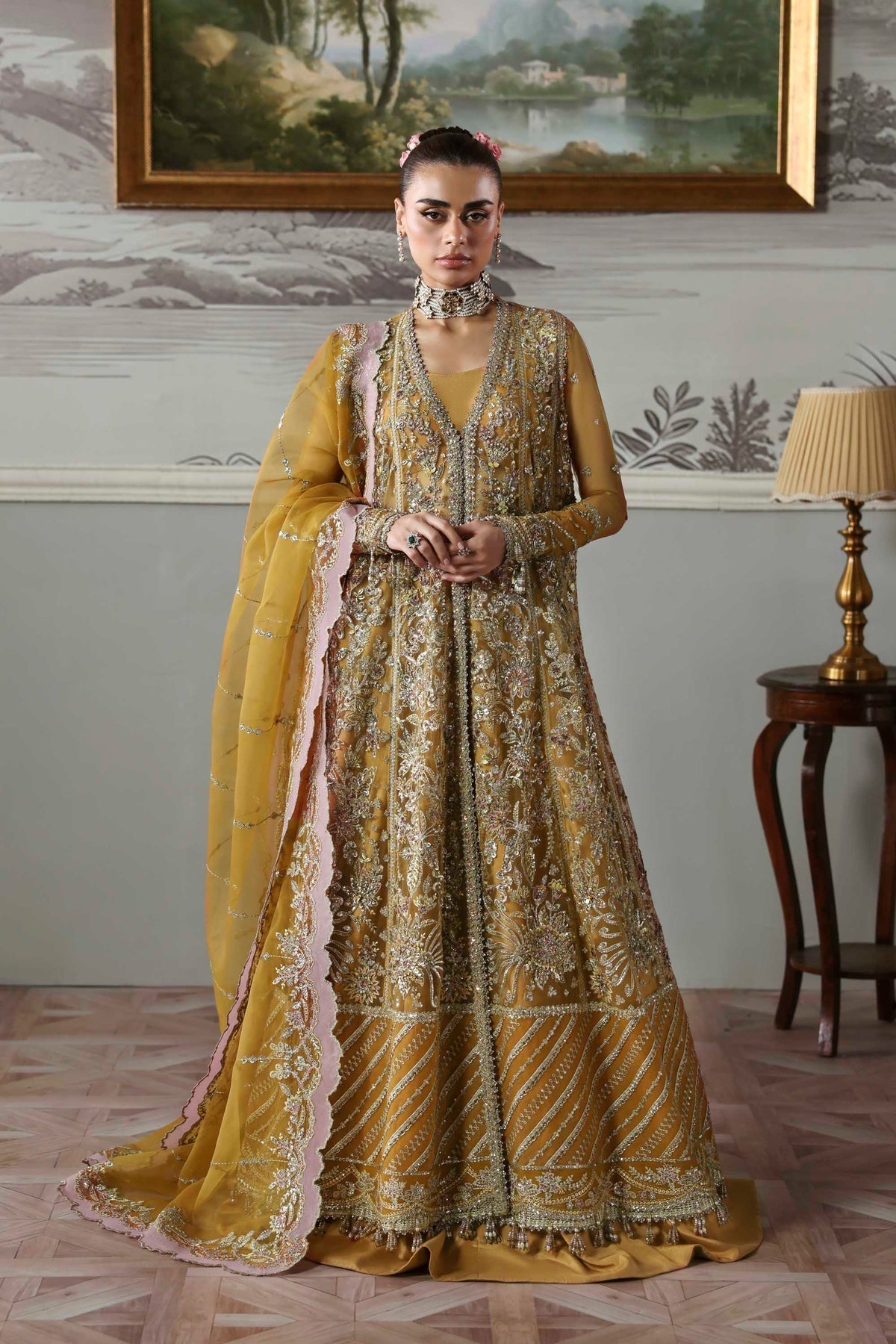 Model wearing Akbar Aslam Amoria blouse & lehenga with dupatta