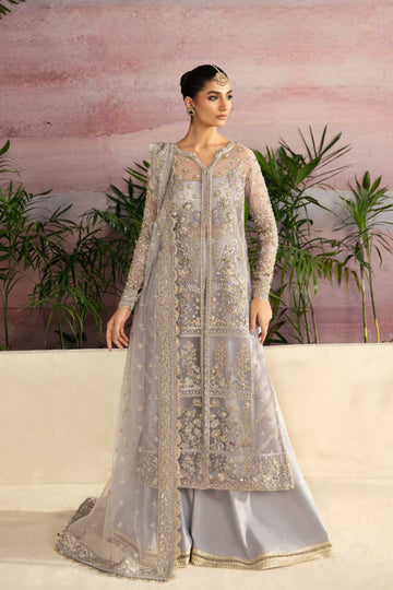 Model wearing Akbar Aslam Moonlit shirt & trousers with dupatta