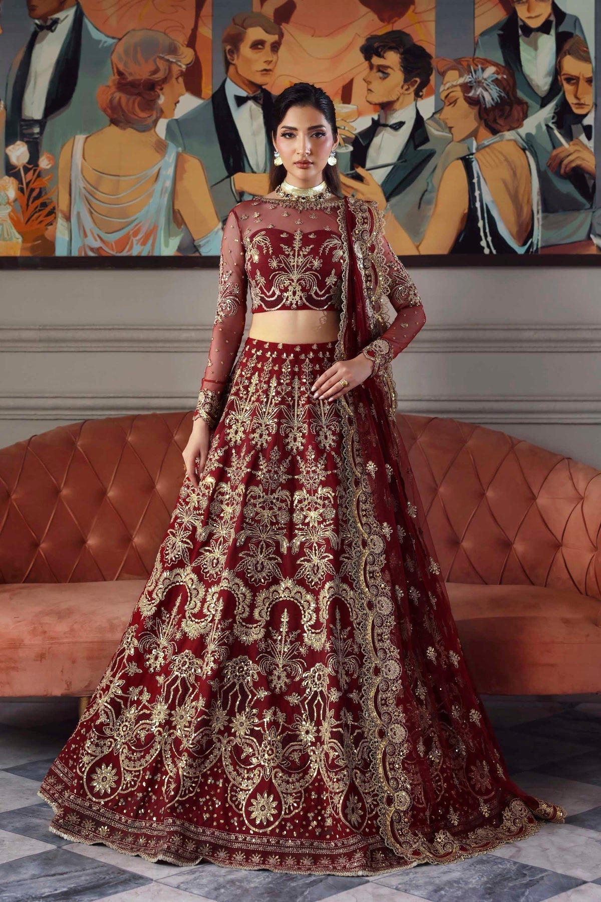 Model wearing Akbar Aslam Shahbano blouse with dupatta