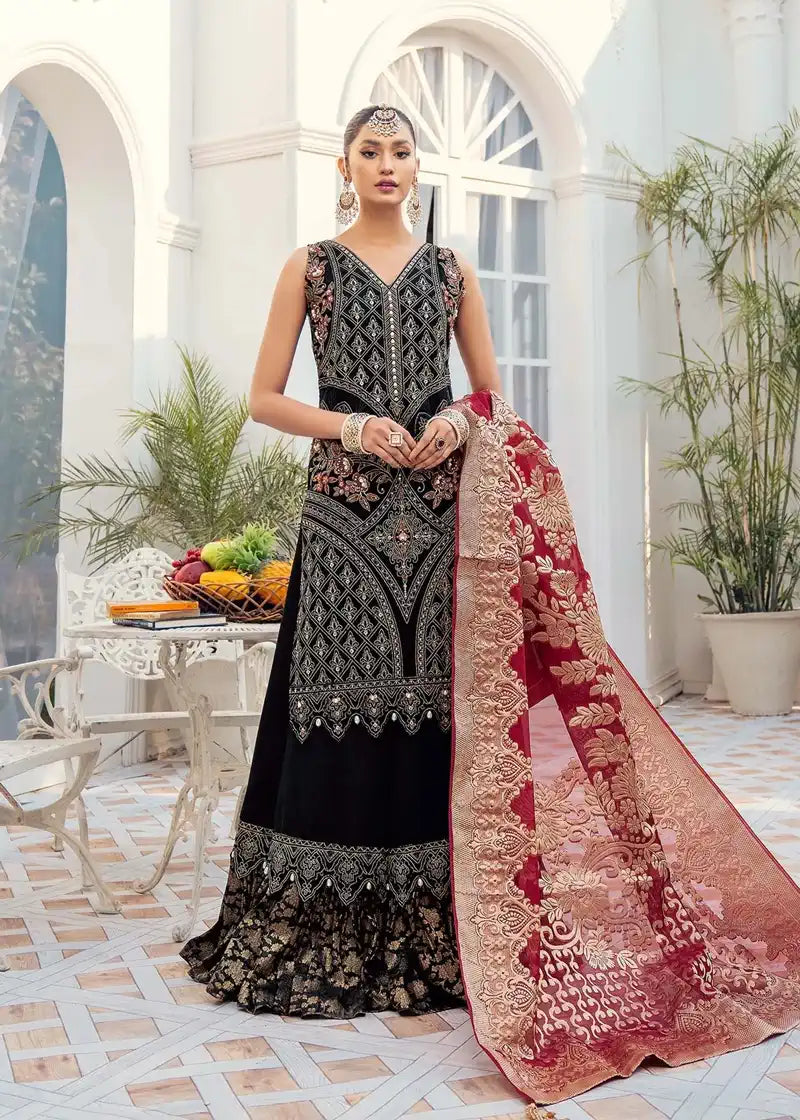 Model wearing Akbar Aslam Garnet shirt & trousers with dupatta