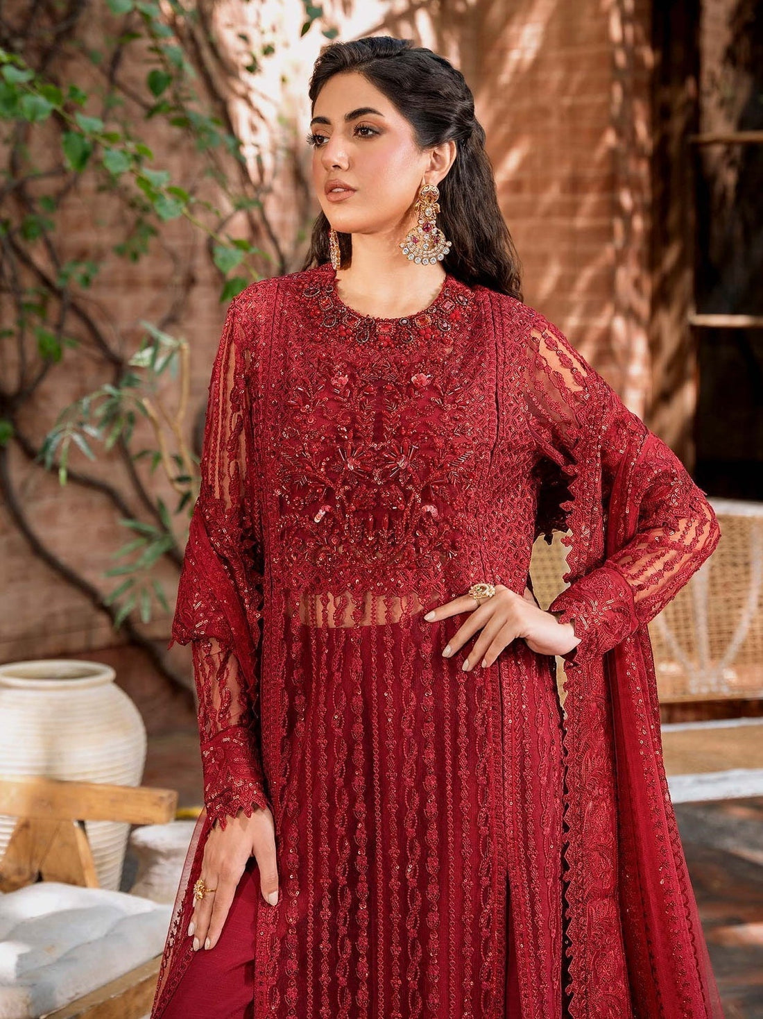 Akbar Aslam Mastani Embroidered Net 3Pc Suit - GUL MOHR - House Of Hania