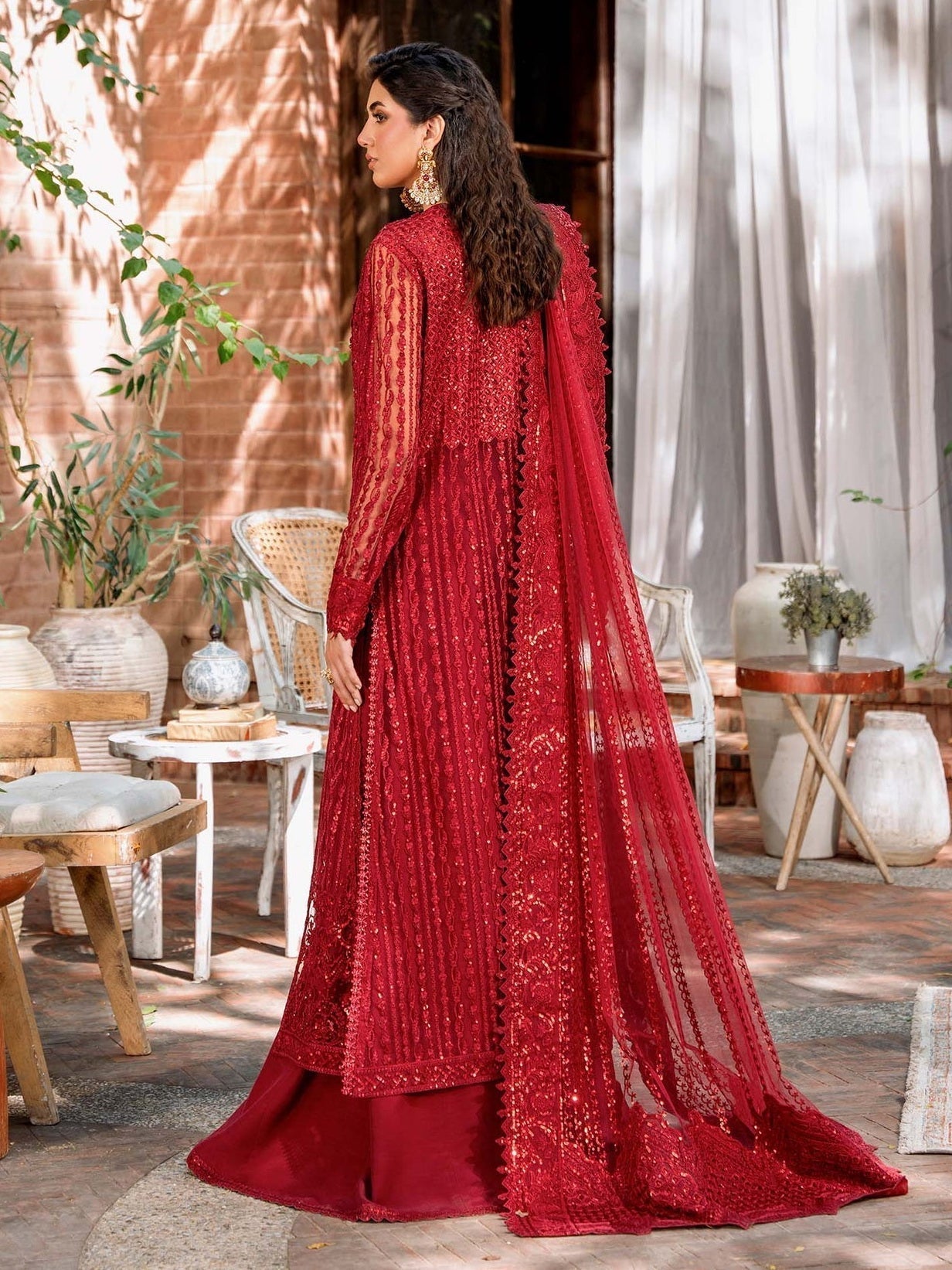 Akbar Aslam Mastani Embroidered Net 3Pc Suit - GUL MOHR - House Of Hania
