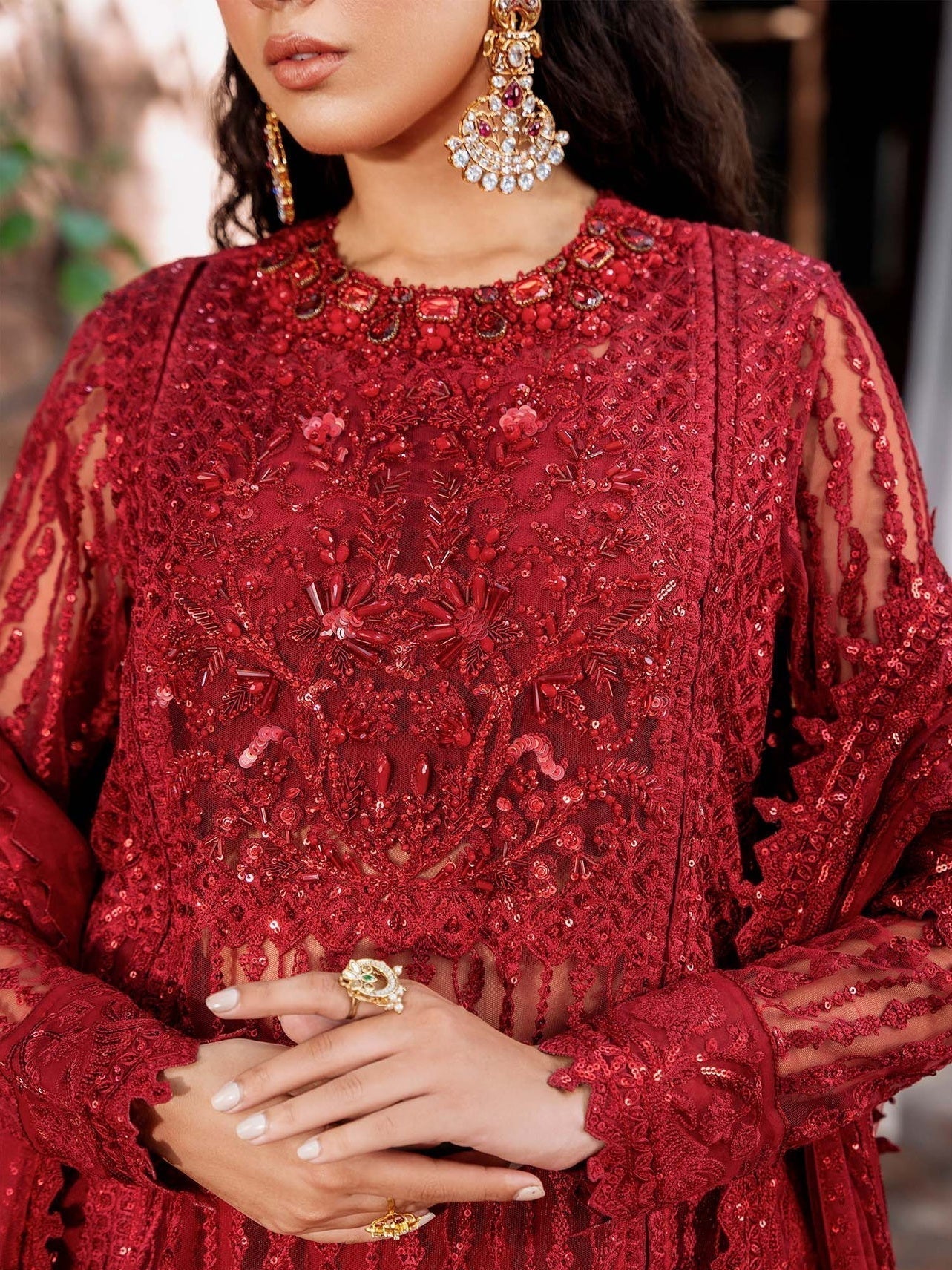 Akbar Aslam Mastani Embroidered Net 3Pc Suit - GUL MOHR - House Of Hania