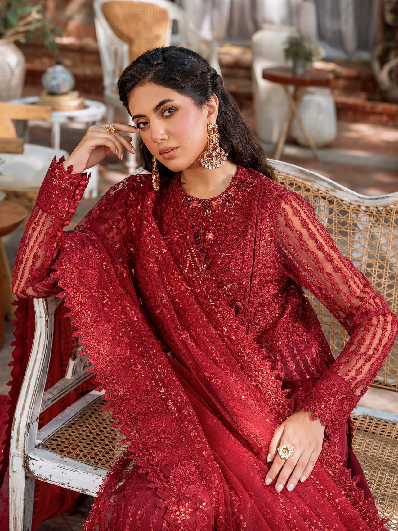 Akbar Aslam Mastani Embroidered Net 3Pc Suit - GUL MOHR - House Of Hania